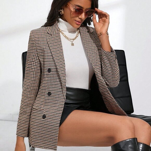 Khaki Preppy Womens Plaid Lapel Collar Double Breasted Blazer - Picture 5 of 5